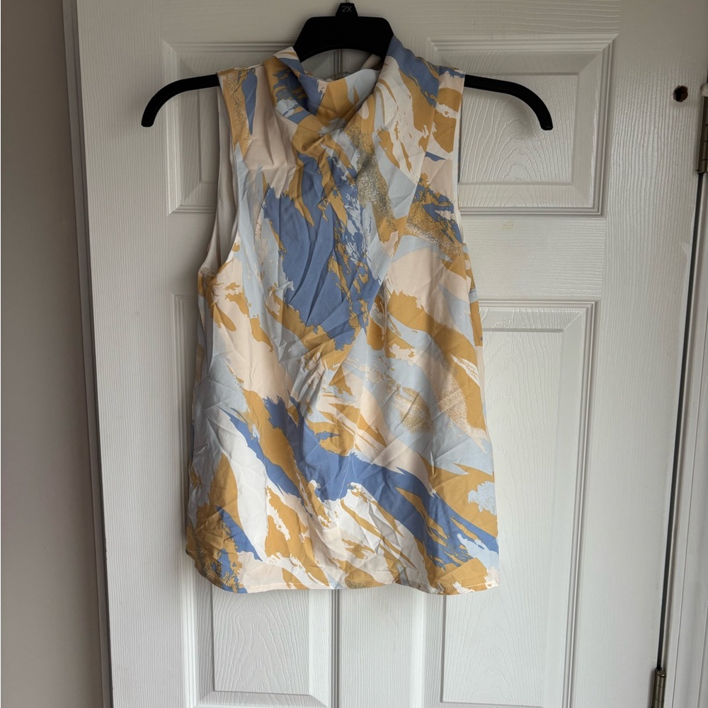 Entro Blue and Tan Abstract Sleeveless Blouse